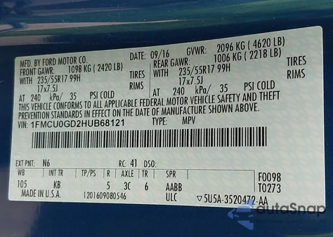 2017 Ford Escape Se из США, поврежденный, VIN 1FMCU0GD2HUB68121